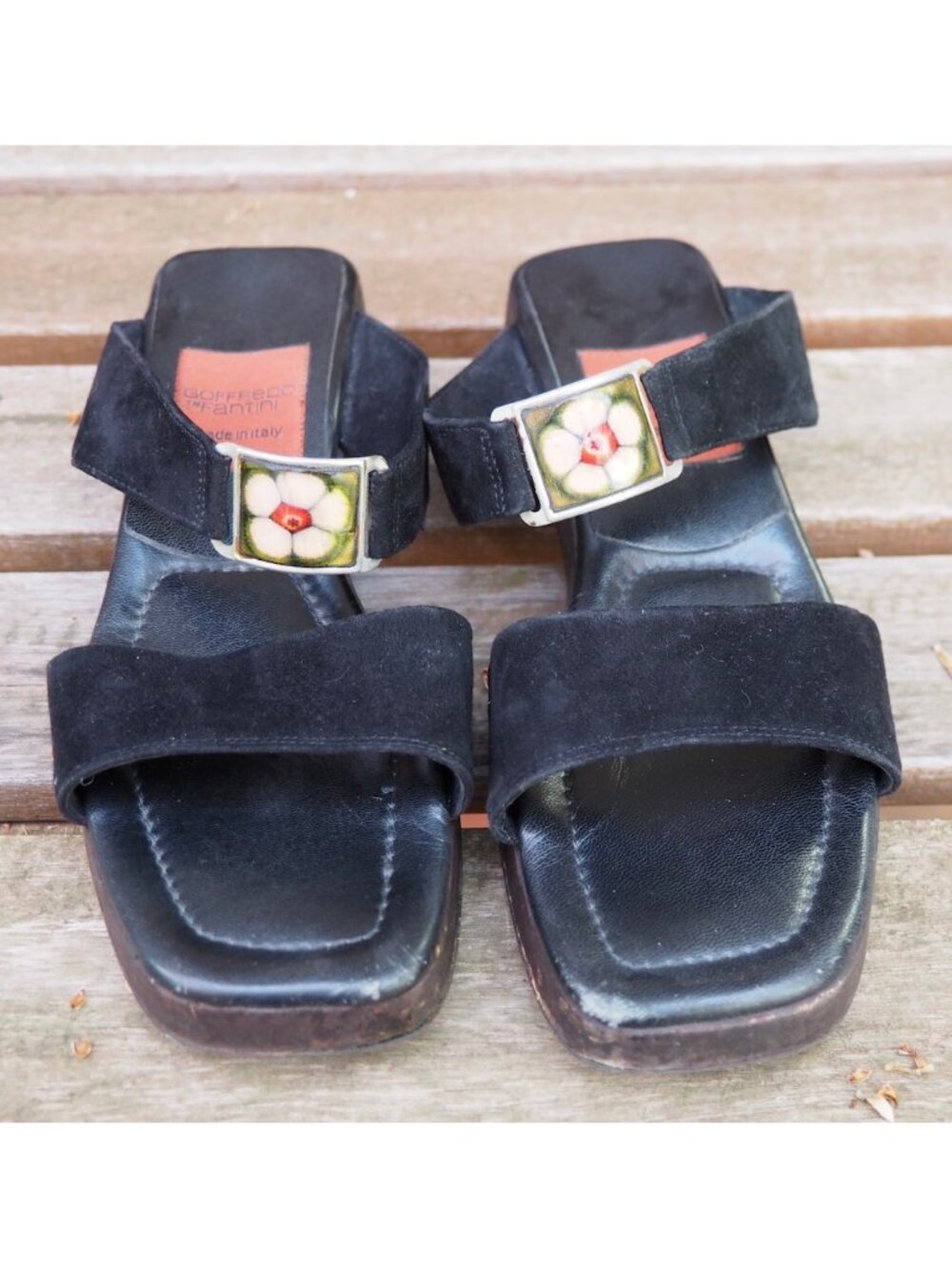 Goffredo Fantini Italy VTG black leather suede strap flower clog slide sandal 7